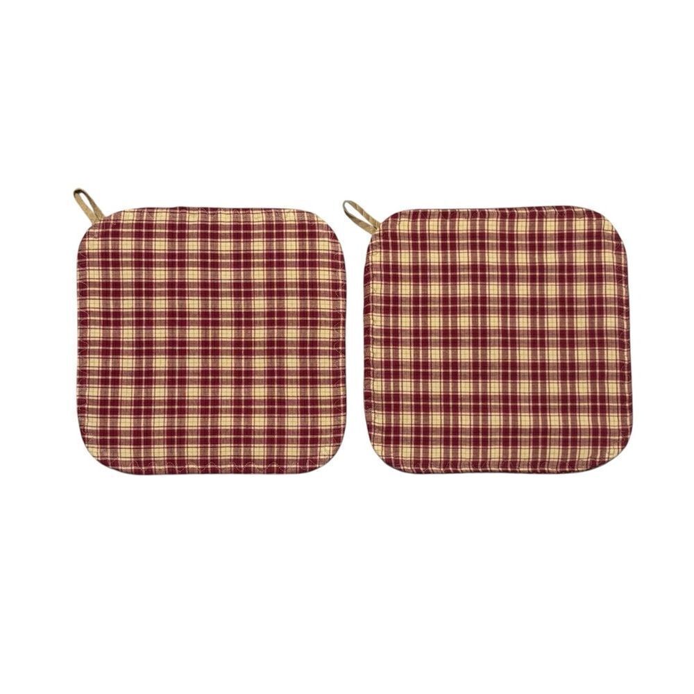 POTHOLDERS, Set of 2, Handmade, Brick Red Plaid, Beige, 8”